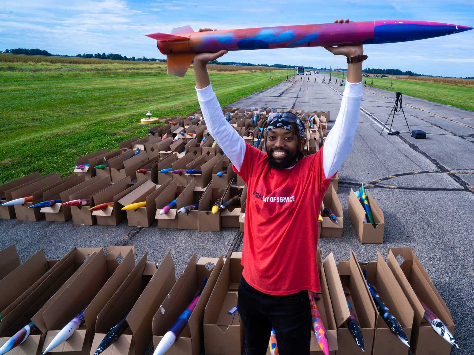 One of 145 student rockets, boxed and ready on the runway