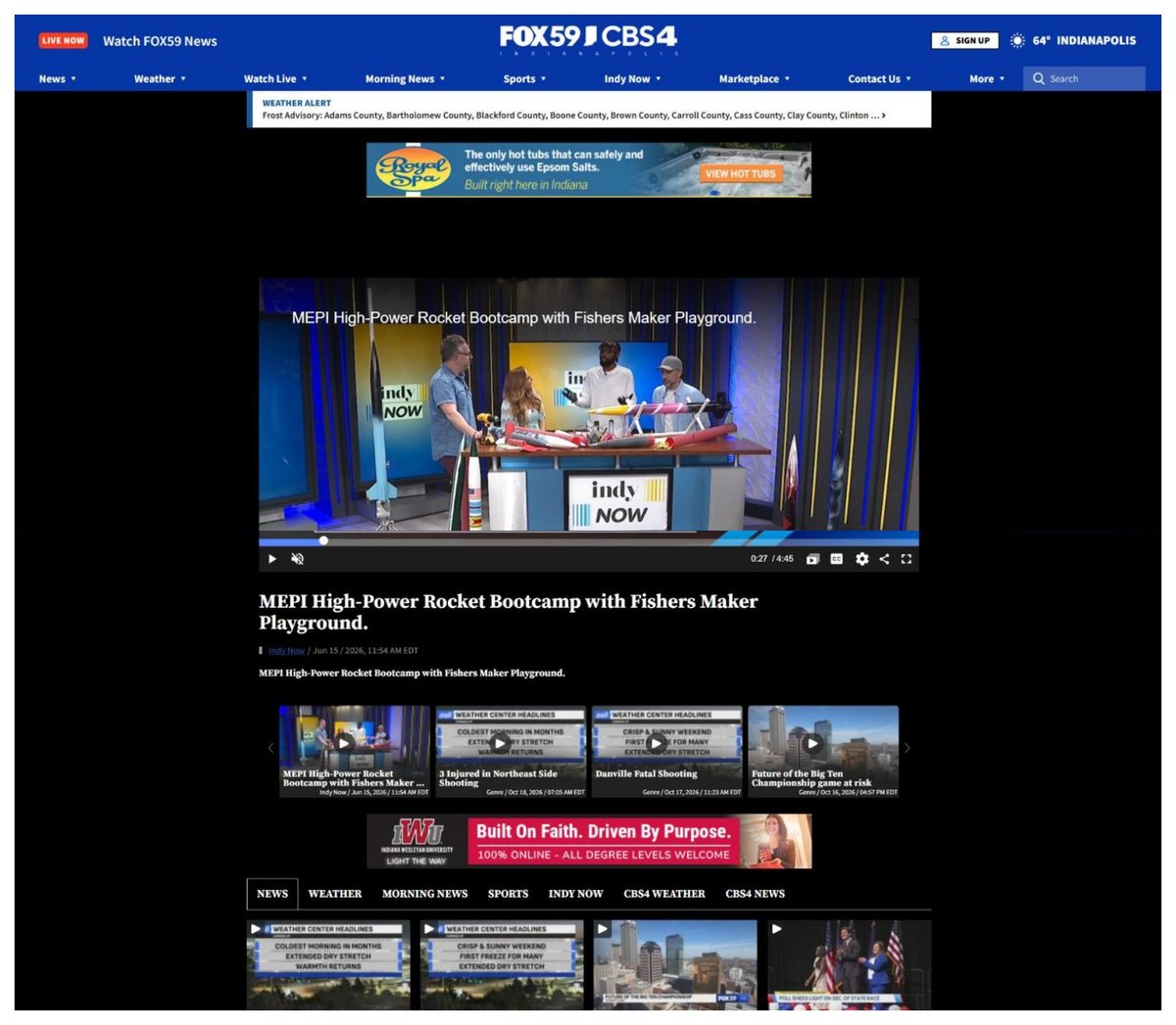 Fox59 Indy Now segment page capture, June 15, 2026