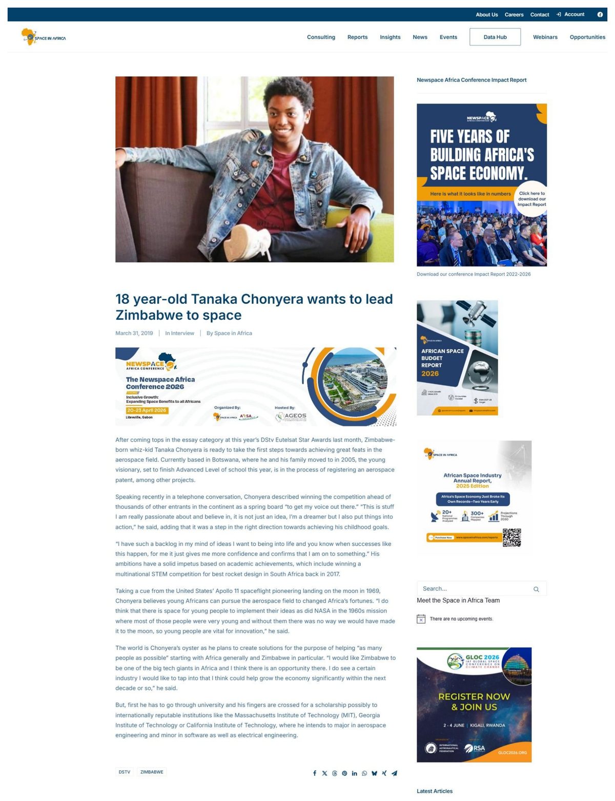 Space in Africa profile of Tanaka Chonyera, March 31, 2019, web capture