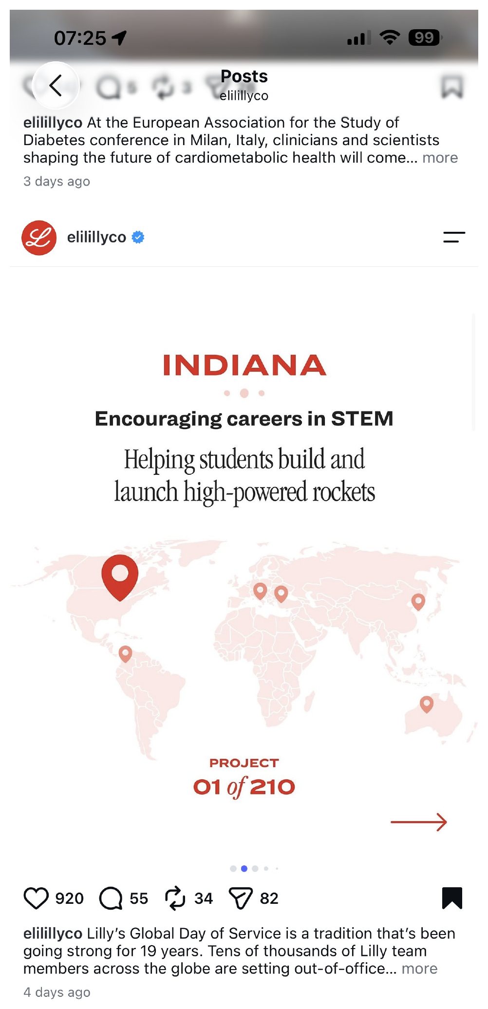 Eli Lilly Instagram post, Global Day of Service 2026, Indiana card: Encouraging careers in STEM, helping students build and launch high-powered rockets
