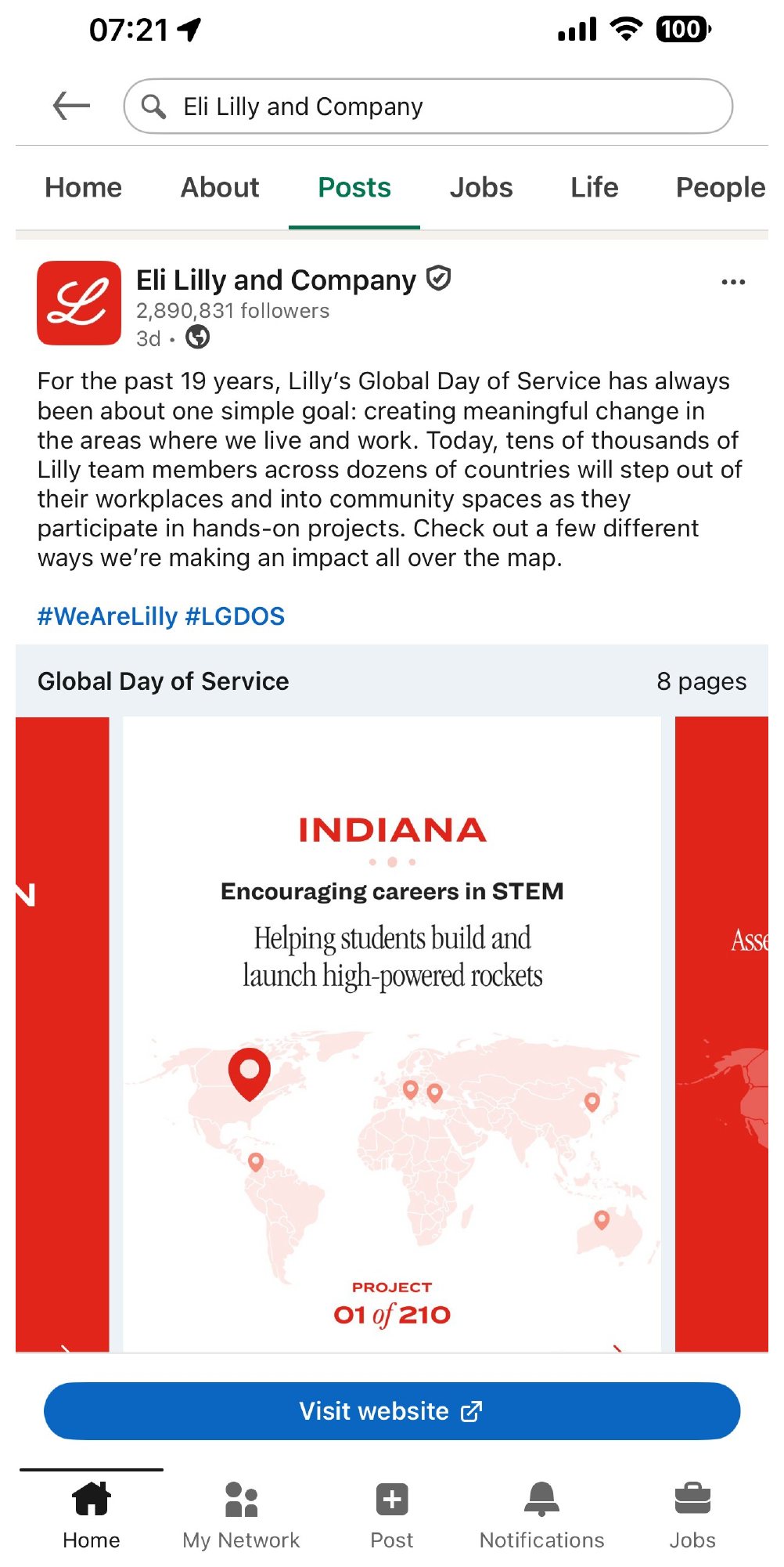 Eli Lilly LinkedIn post, Global Day of Service 2026, Indiana card: Encouraging careers in STEM, helping students build and launch high-powered rockets