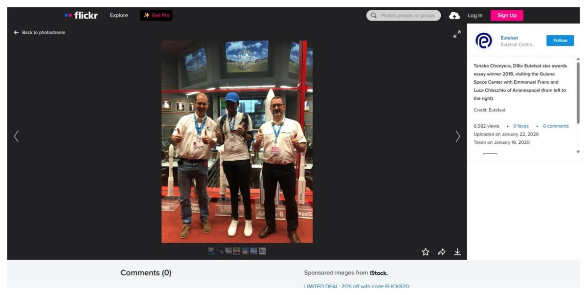 Eutelsat Communications Flickr page: Tanaka Chonyera, DStv Eutelsat Star Awards essay winner 2018, at the Guiana Space Center with Emmanuel Franc and Luca Chiecchio of Arianespace
