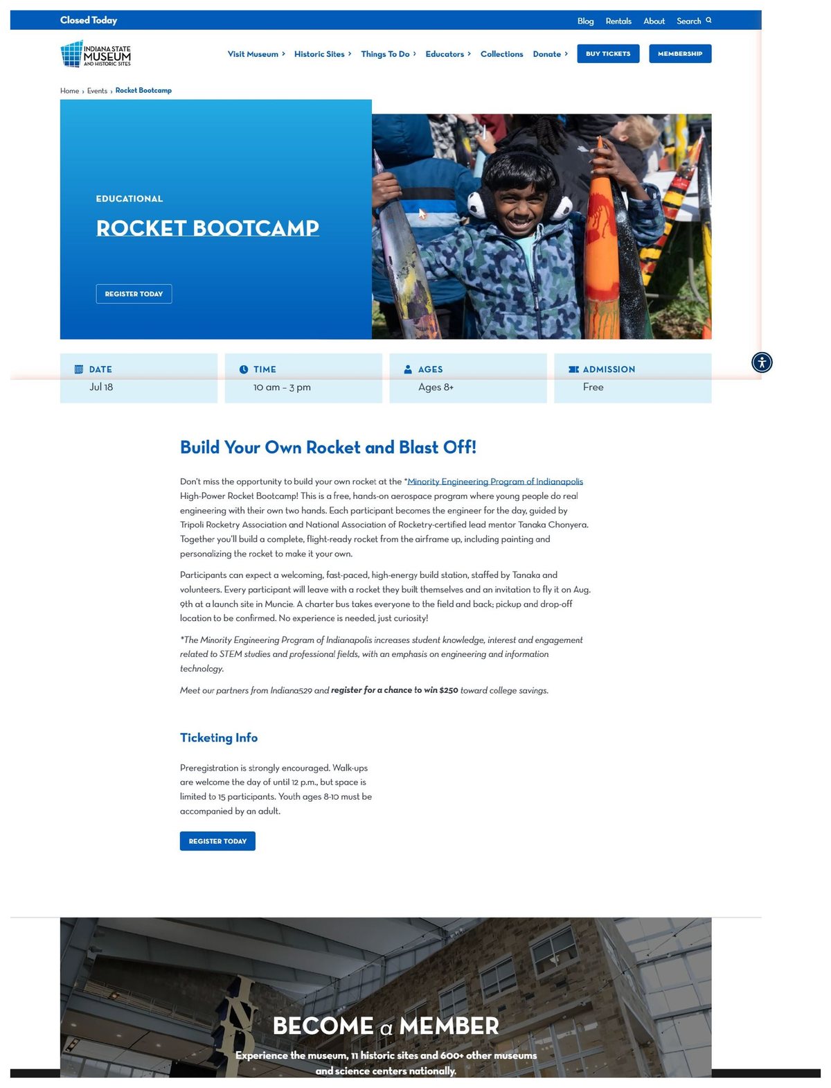 Indiana State Museum Rocket Bootcamp event page, captured July 14, 2026