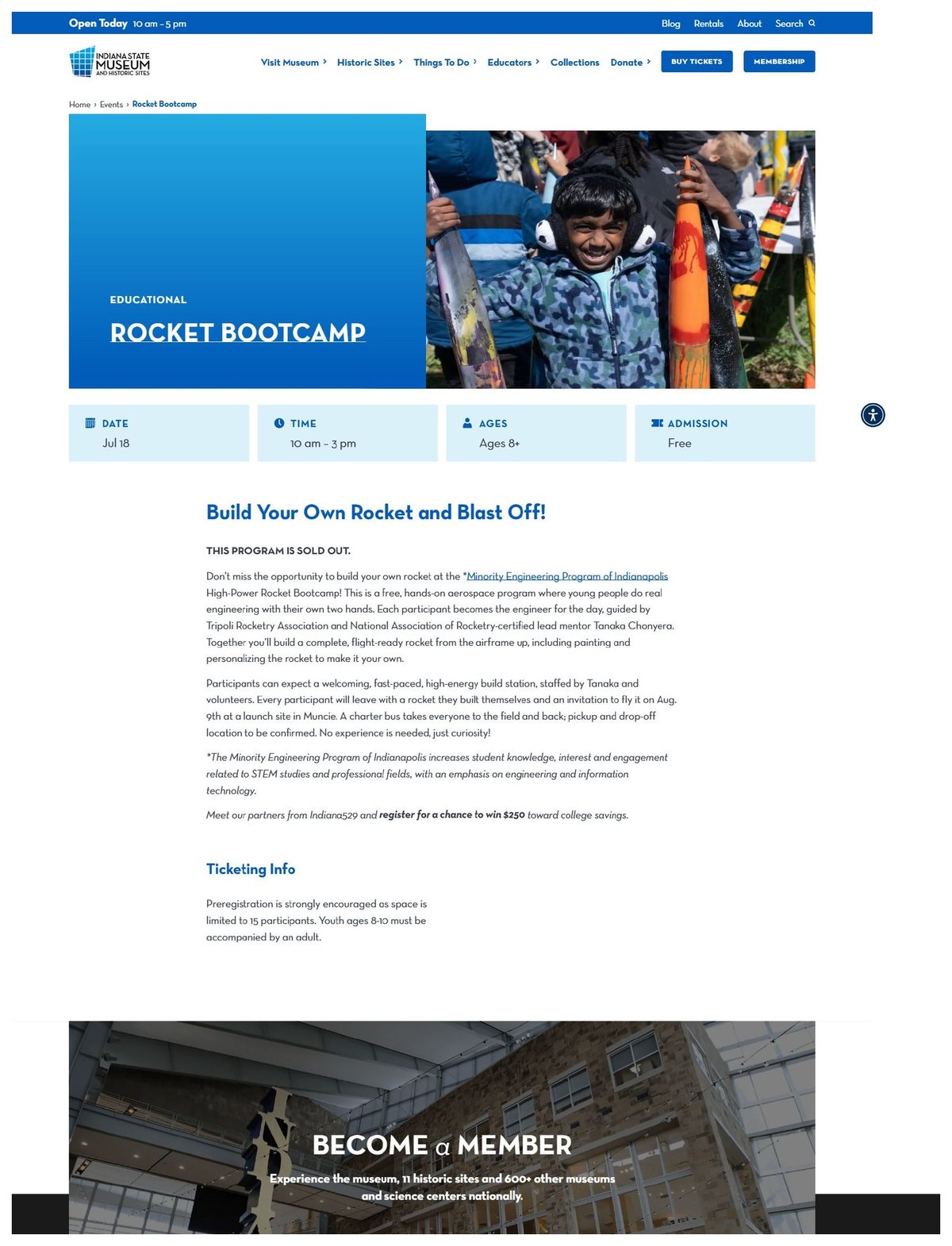 Indiana State Museum Rocket Bootcamp event page marked sold out, captured July 16, 2026