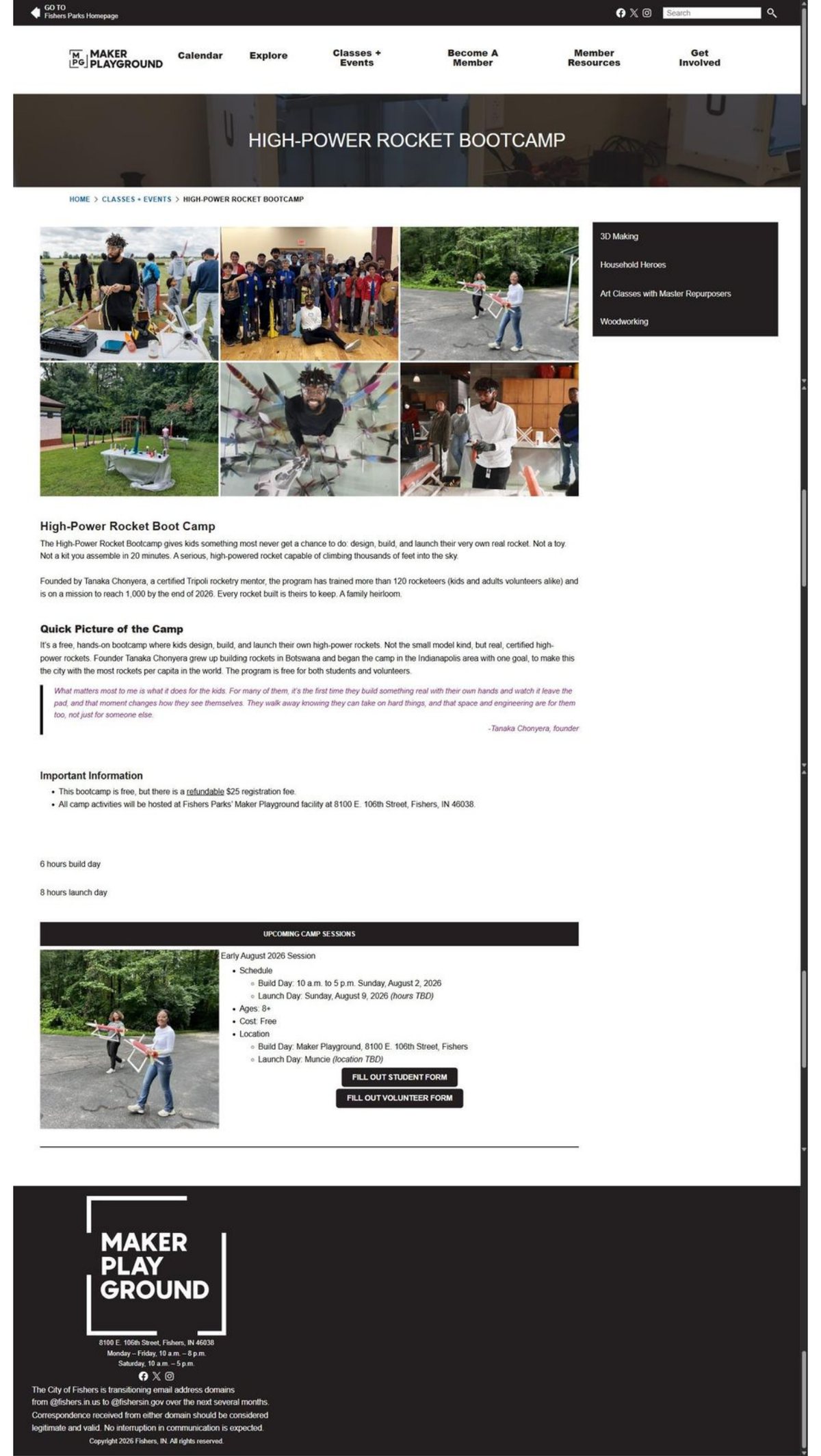City of Fishers Maker Playground High-Power Rocket Bootcamp listing, captured July 26, 2026