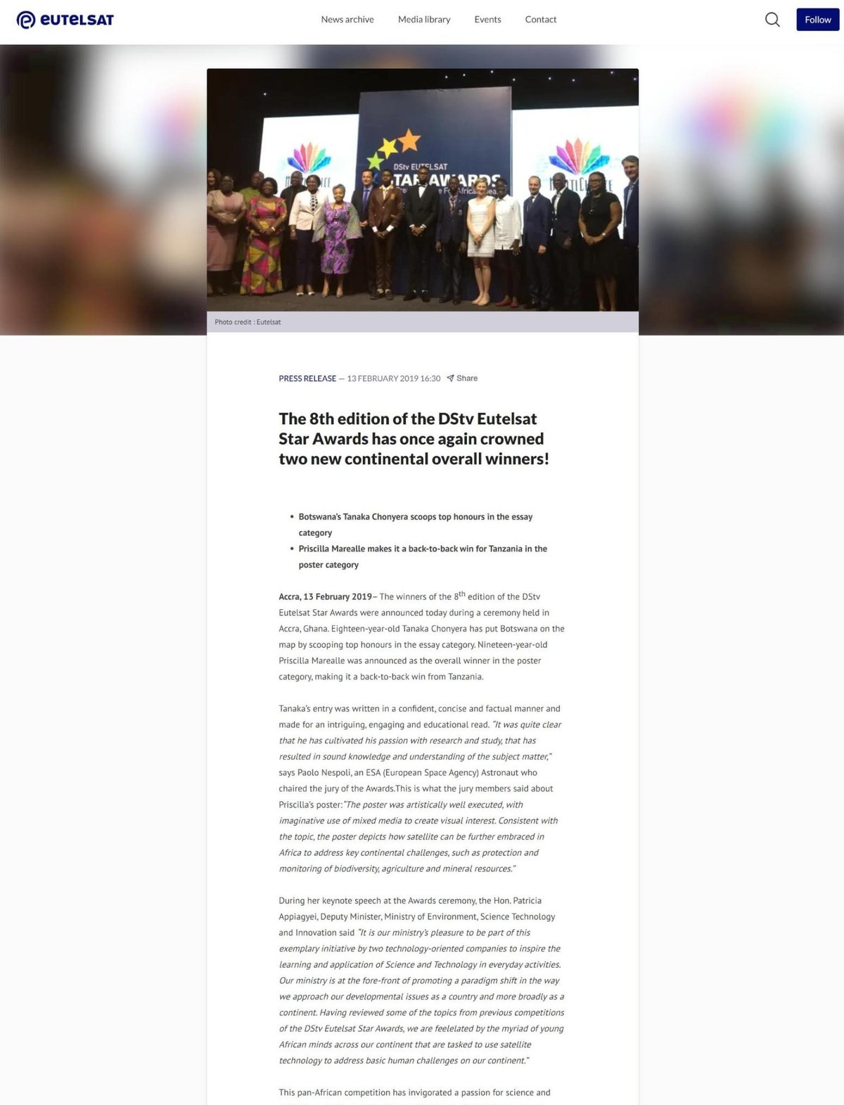 Eutelsat press release of 13 February 2019 naming Tanaka Chonyera as the essay winner (page 1 shown; the PDF has both pages)