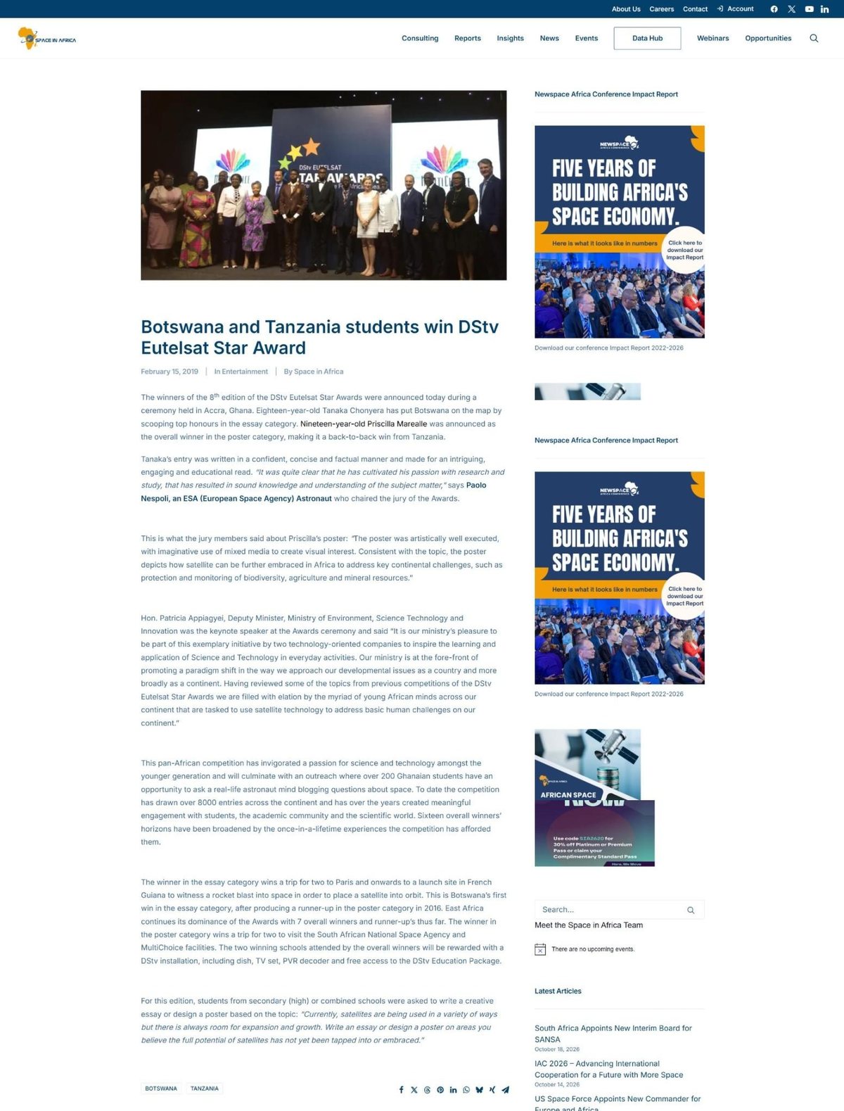 Space in Africa article of 15 February 2019 on the DStv Eutelsat Star Award winners