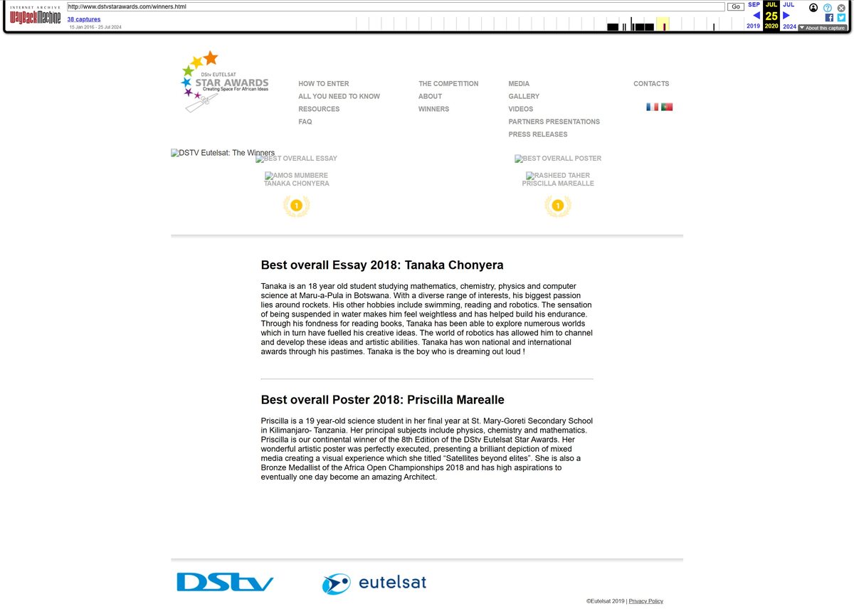 Wayback Machine archive of the dstvstarawards.com Winners page naming Tanaka Chonyera as Best overall Essay 2018