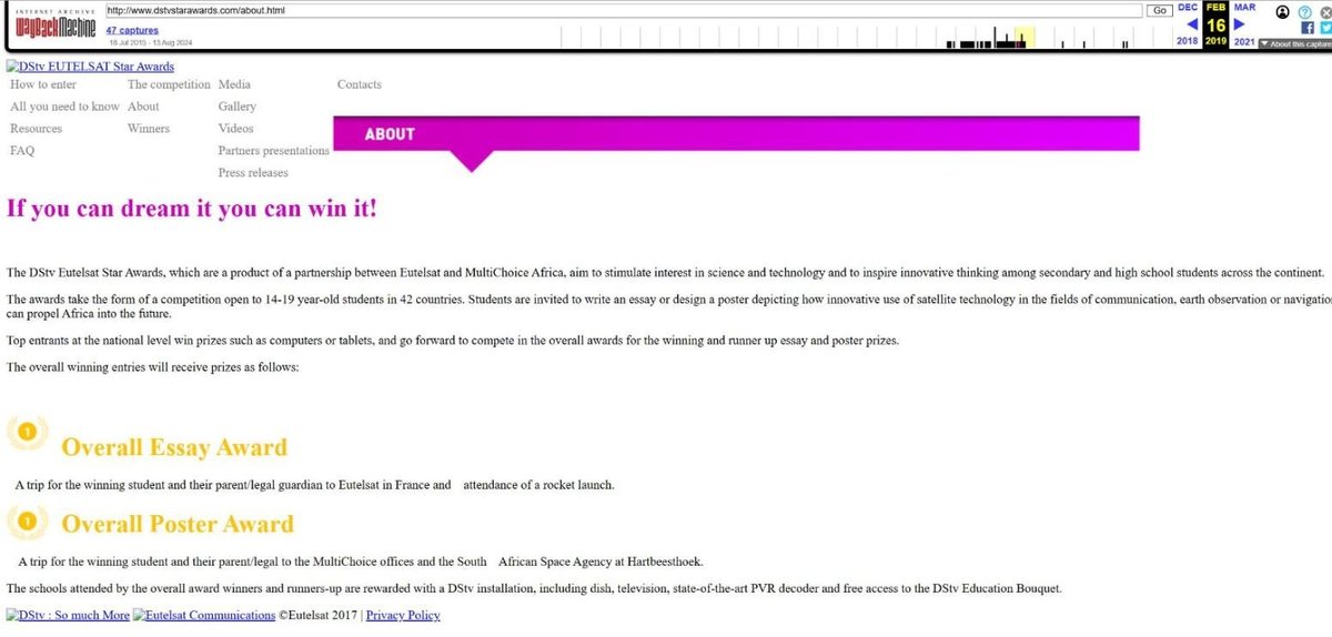 Wayback Machine archive of the dstvstarawards.com About page listing the Overall Essay Award prize: a trip to Eutelsat in France and attendance of a rocket launch