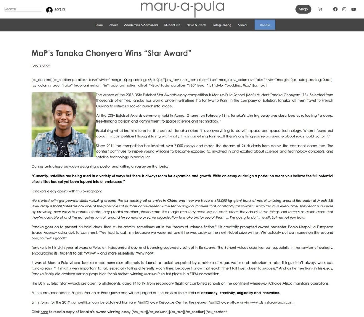 Maru-a-Pula School website announcement of Tanaka Chonyera winning the DStv Eutelsat Star Award