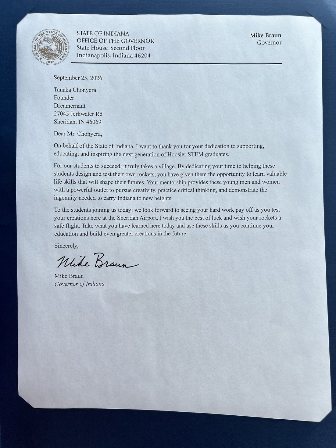 Letter of recognition from Indiana Governor Mike Braun to Tanaka Chonyera, September 25, 2026